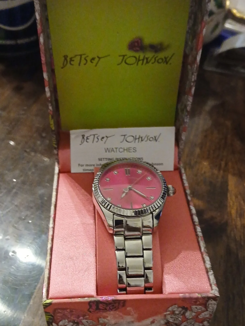 Betsey Johnson Silver Bracelet Watch with Pink Dial Nib FINAL PRICE